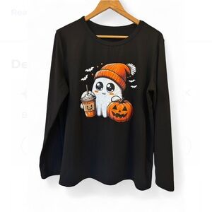 Black and Orange Halloween Ghost Long Sleeve Tee